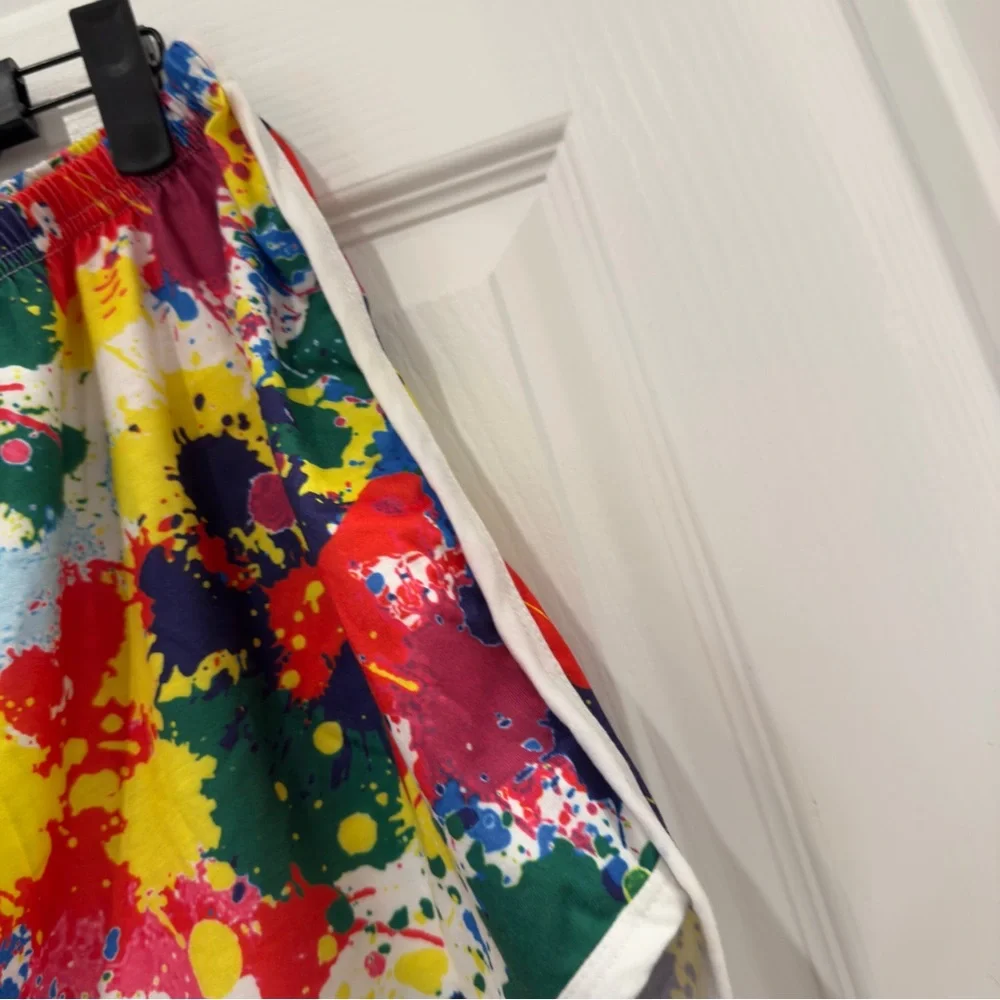 Rainbow Paint Splatter Effect Loose Fit Athletic Shorts w White Piping_4